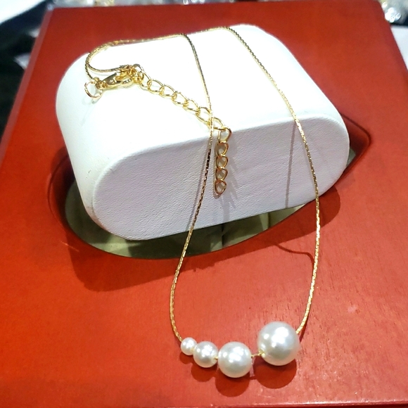 18" Long Pearl Choker Chain Necklace Pendant Collar Gold - Picture 5 of 10